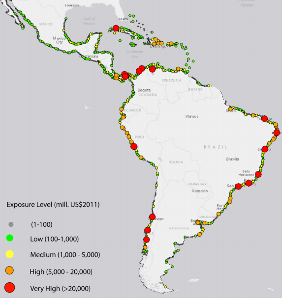 Effects of climate change on exposure to coastal flooding in Latin America and the Caribbean